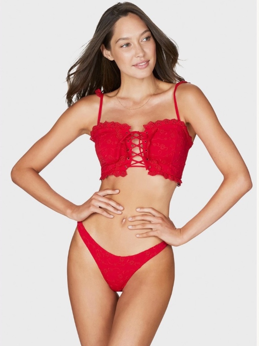 bond-eye Red Frill Bustier Bikini Top with Lace-Up Front